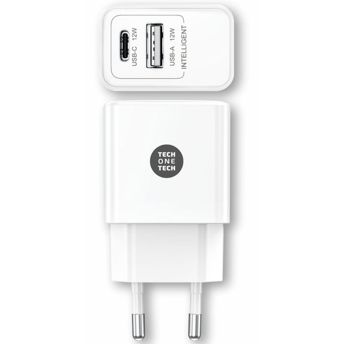 Tech One Tech Cargador de pared 12W con USB-A y USB-C Blanco TEC2904